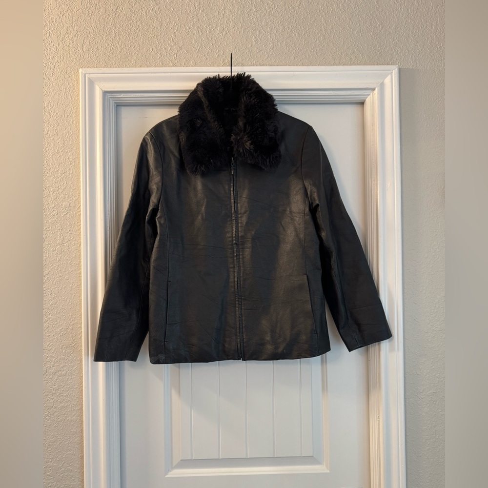 Classic Black Leather Jacket with Faux Fur Collar